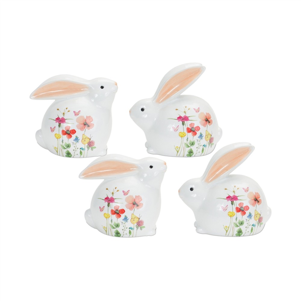 Floral Bunny (Set Of 4) 5.5"H, 6.25"H Terra Cotta