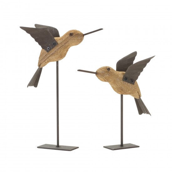 Bird On Stake (Set Of 2) 5"L x 6.25"H, 5"L x 8"H Wood/Iron