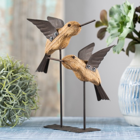 Bird On Stake (Set Of 2) 5"L x 6.25"H, 5"L x 8"H Wood/Iron