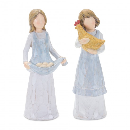 Girl With Chicken And Eggs (Set Of 2) 7.25"H Resin