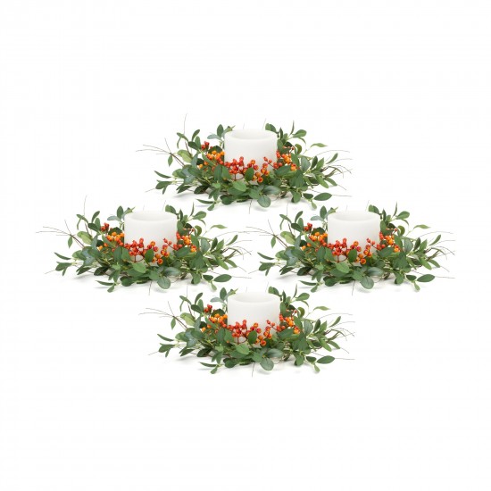 Foliage And Berry Candle Ring (Set Of 4) 22"D Polyester (Fits A 6" Candle)