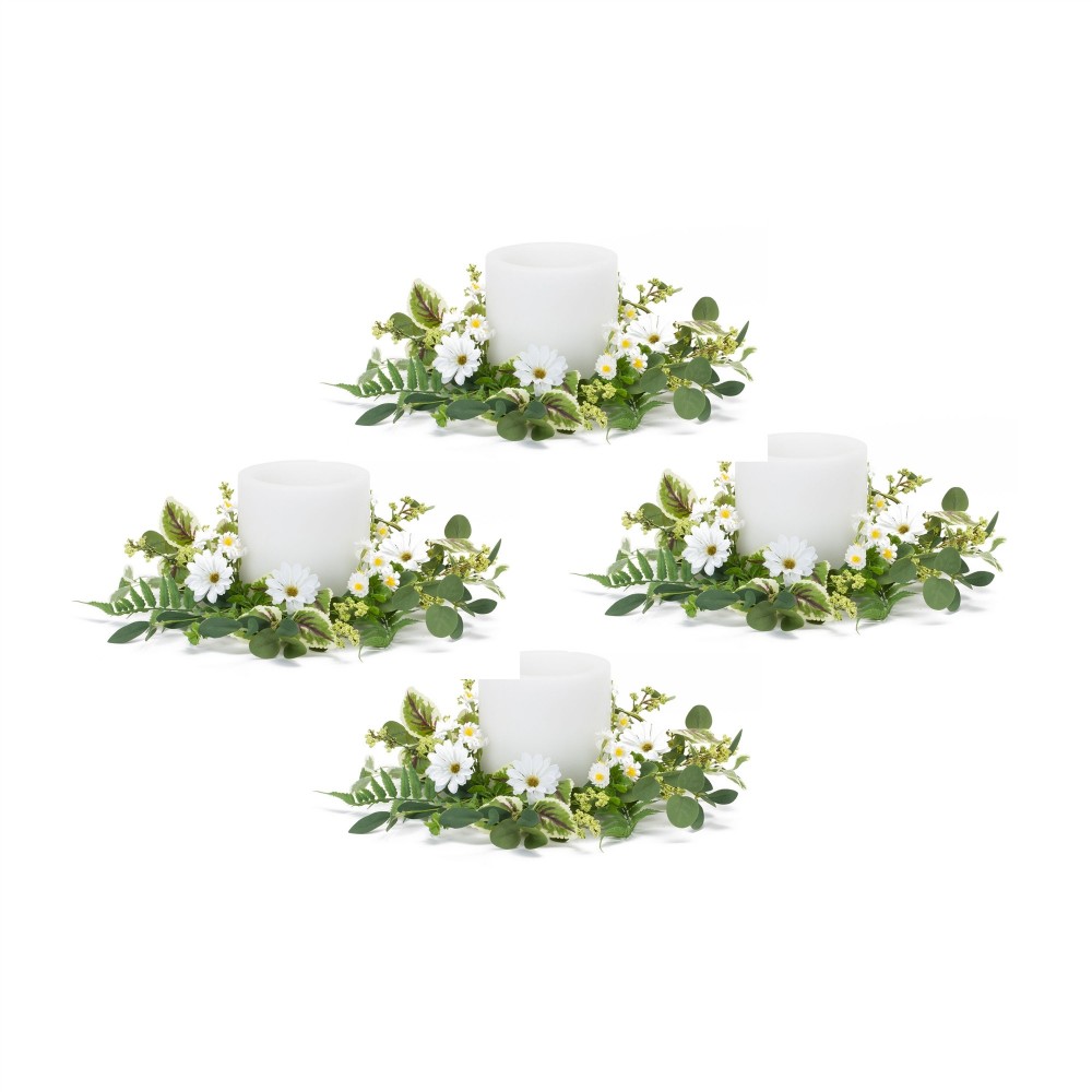 Mixed Floral Wreath (Set Of 4) 17"D Polyester/Plastic, White, Green