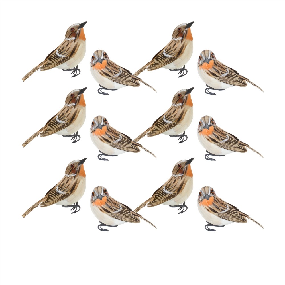 Bird (Set Of 12) 3"H, 3.5"H Foam/Feather, Brown, White, Orange