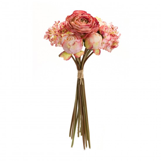 Peony And Hydrangea Bouquet (Set Of 6) 16.75"H Polyester, Pink, Beige, Green