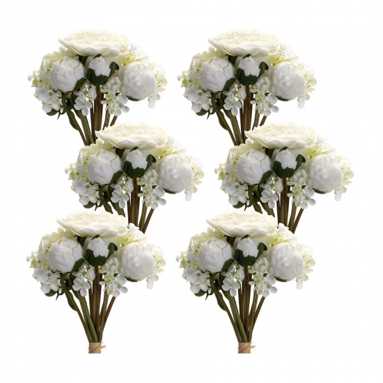 Peony And Hydrangea Bouquet (Set Of 6) 16.75"H Polyester, White, Green