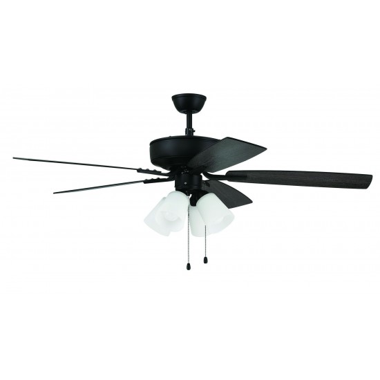 52" Pro Plus Fan with 4 Light kit with White Glass and Blades in Flat Black