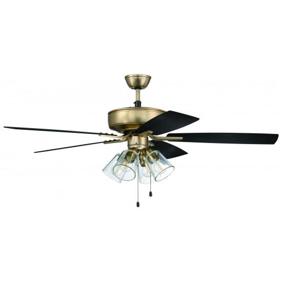 52" Pro Plus Fan with 4 Light Kit with Clear Glass and Blades in Satin Brass