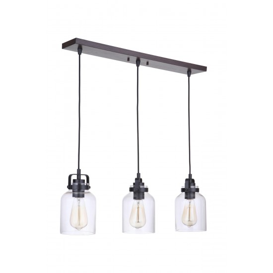 Foxwood 3 Light Pendant in Flat Black and Dark Teak