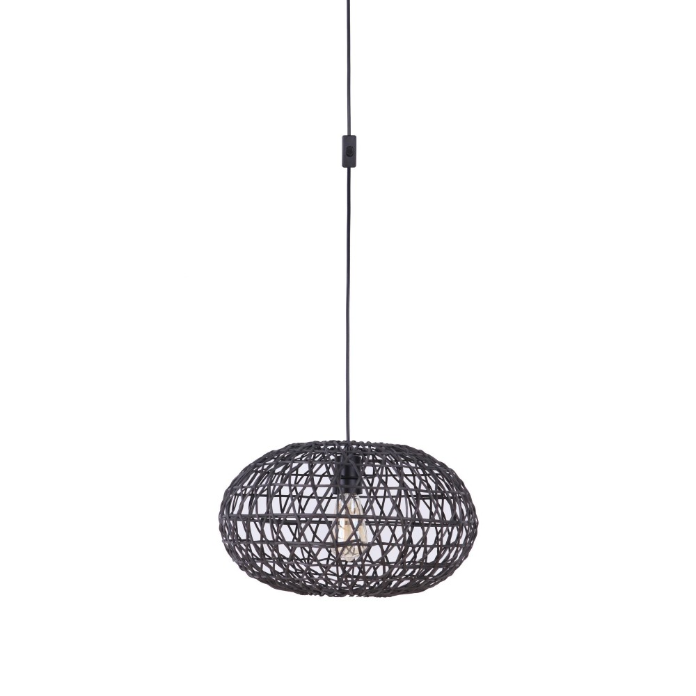 Portable Swag Pendant w/Rattan Shade in Flat Black, SW2003-FB