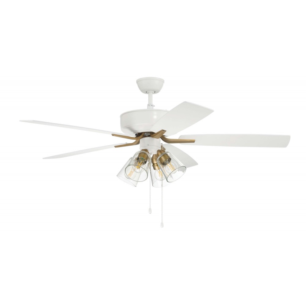 52" Pro Plus Fan w/ Clear 4 Light Kit White/Brass w/ rev White/Washed Oak Blades