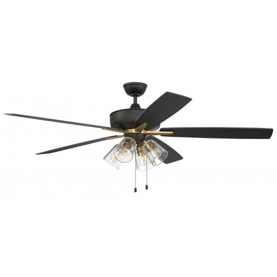 60" Super Pro Fan w/ Clear 4 Light Kit black/Brass w/ rev black Walnut Blades