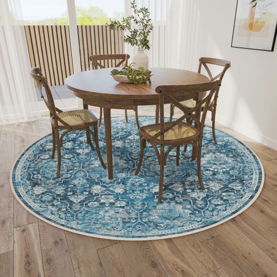 Indoor/Outdoor Marbella MB4 Navy Washable 4' x 4' Round Rug