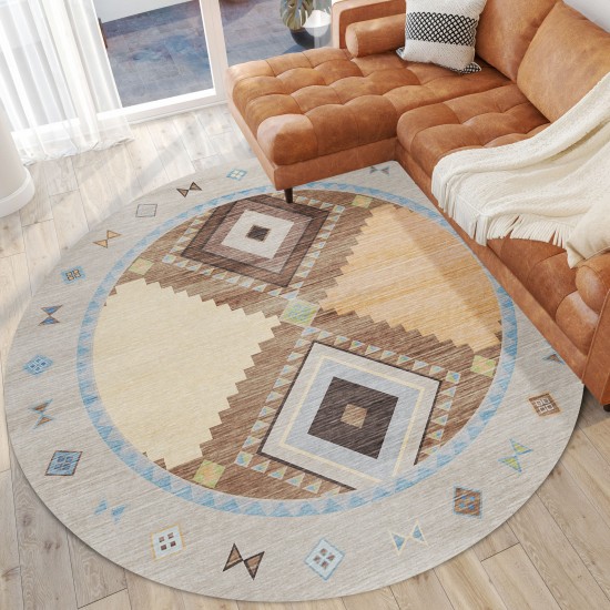 Indoor/Outdoor Phoenix PH2 Taupe Washable 8' x 8' Round Rug