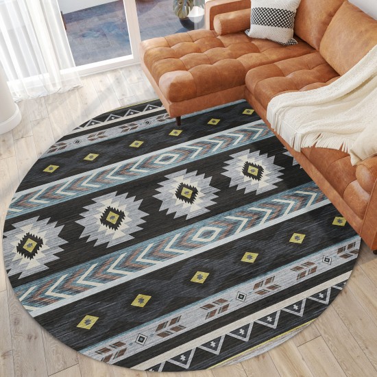 Indoor/Outdoor Phoenix PH3 Black Washable 8' x 8' Round Rug