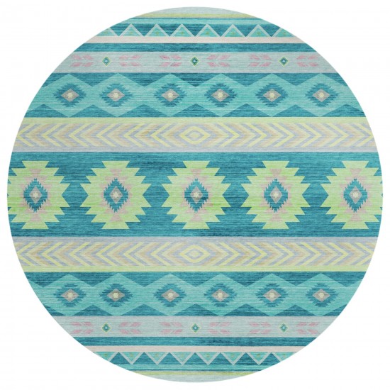 Indoor/Outdoor Phoenix PH3 Teal Washable 8' x 8' Round Rug