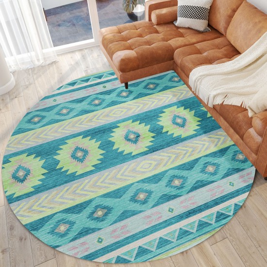 Indoor/Outdoor Phoenix PH3 Teal Washable 8' x 8' Round Rug