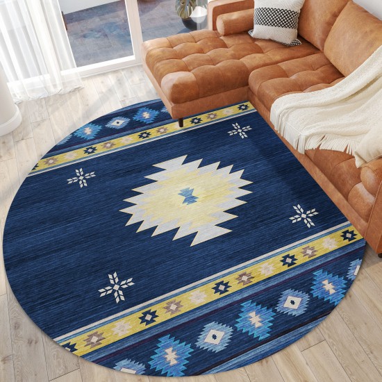 Indoor/Outdoor Phoenix PH4 Navy Washable 8' x 8' Round Rug