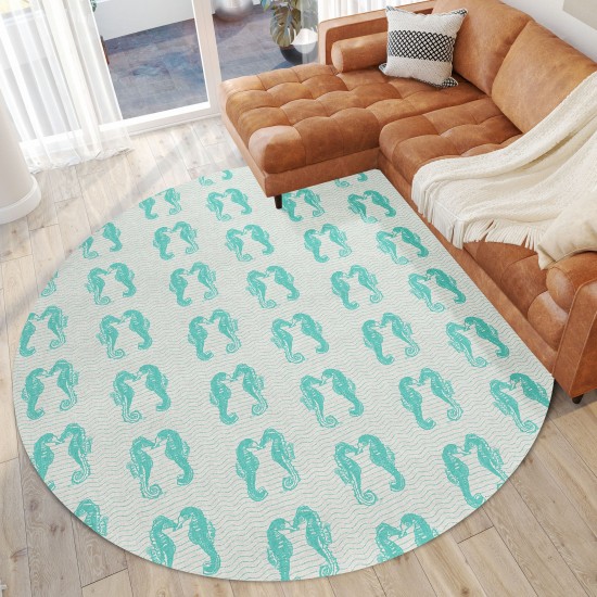 Indoor/Outdoor Seabreeze SZ15 Teal Washable 8' x 8' Round Rug