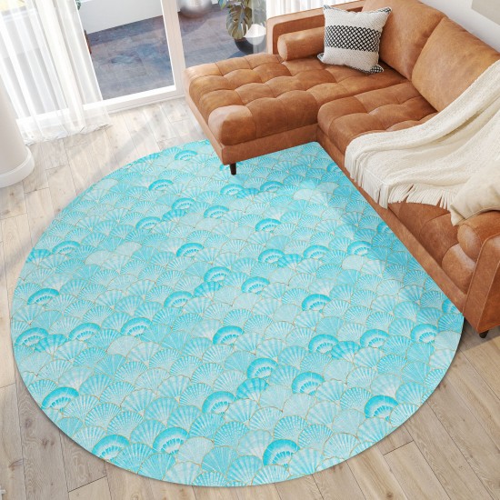 Indoor/Outdoor Seabreeze SZ2 Teal Washable 8' x 8' Round Rug