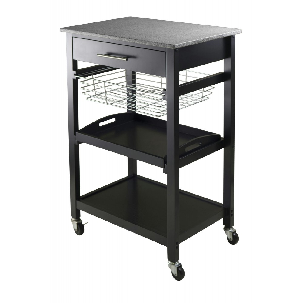 Julia Utility Kitchen Cart, Granite Top, Black