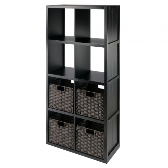 Timothy 5-Pc 4x2 Storage Shelf with 4 Foldable Woven Baskets, Black & Chocolate