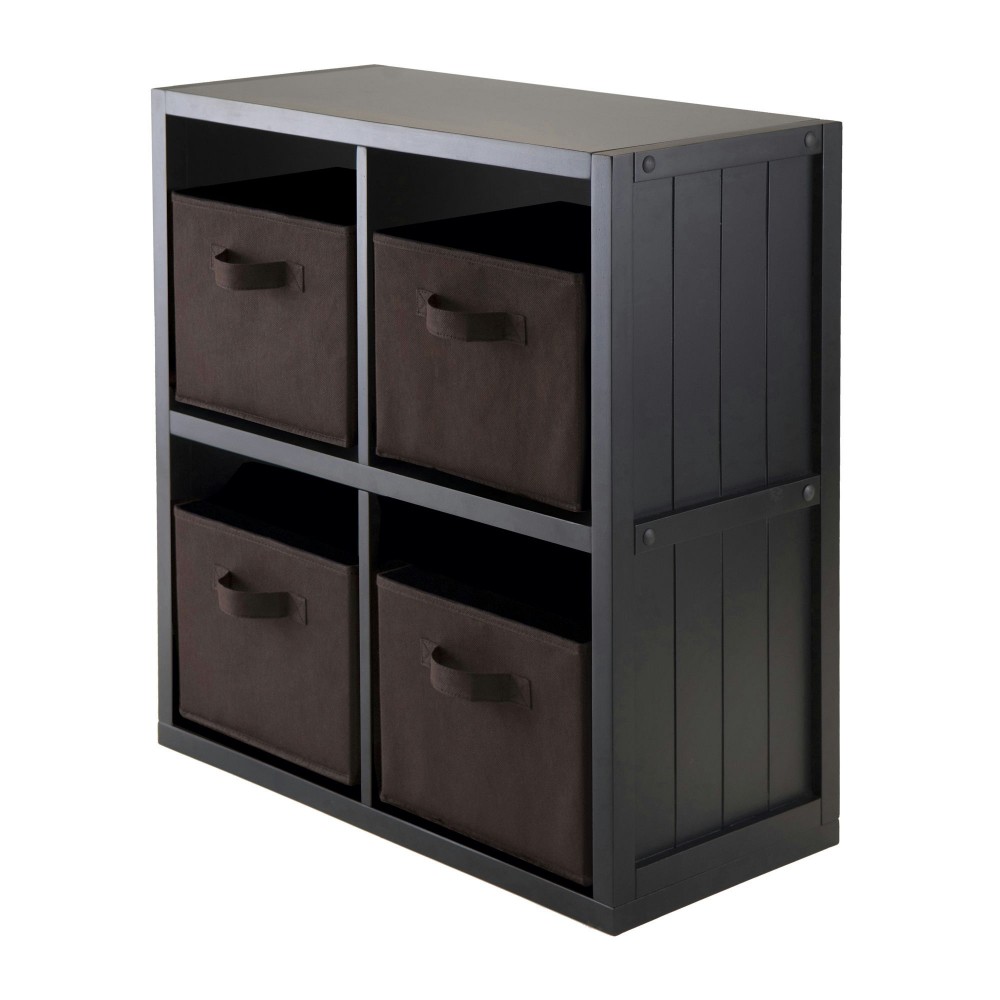 Timothy 5-Pc 2x2 Storage Shelf with 4 Foldable Fabric Baskets, Black & Chocolate