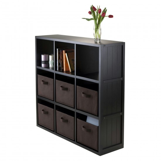 Timothy 7-Pc 3x3 Storage Shelf with 6 Foldable Fabric Baskets, Black & Chocolate