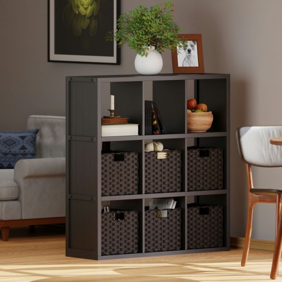 Timothy 7-Pc 3x3 Storage Shelf with 6 Foldable Woven Baskets, Black & Chocolate