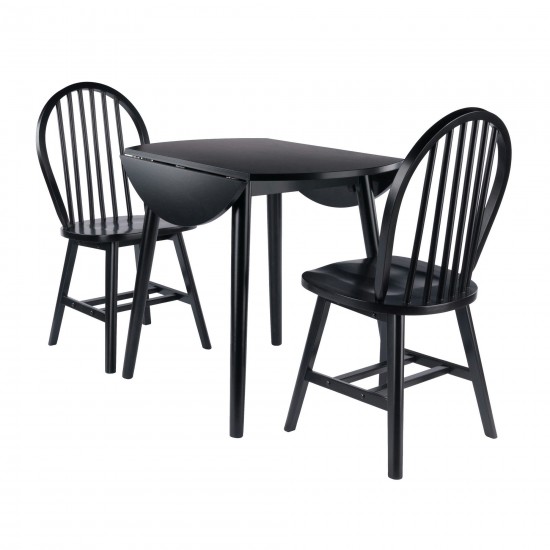 Moreno 3-Pc Drop Leaf Dining Table with Windsor Chairs, Black