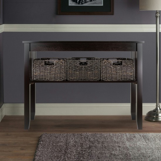 Morris Console Table with 3 Foldable Corn Husk Baskets, Espresso and Chocolate