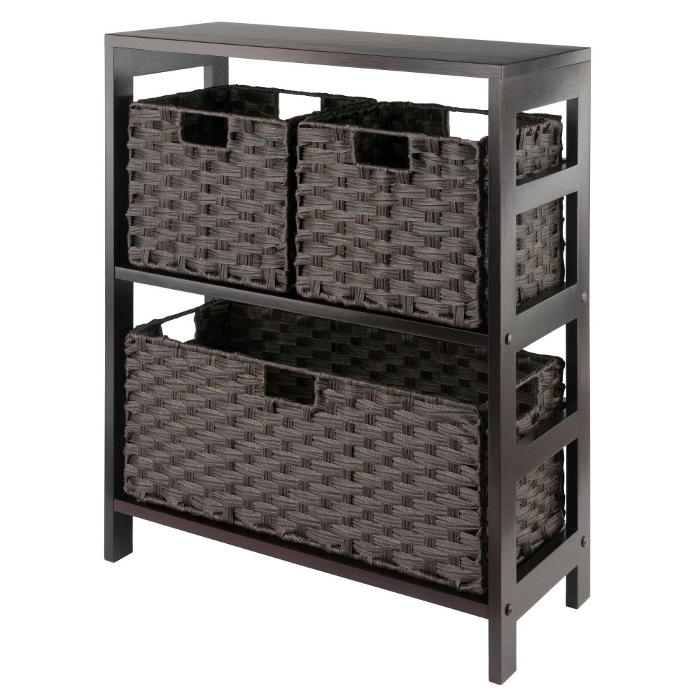 Leo 4-Pc Storage Shelf with 3 Foldable Woven Baskets, Espresso and Chocolate