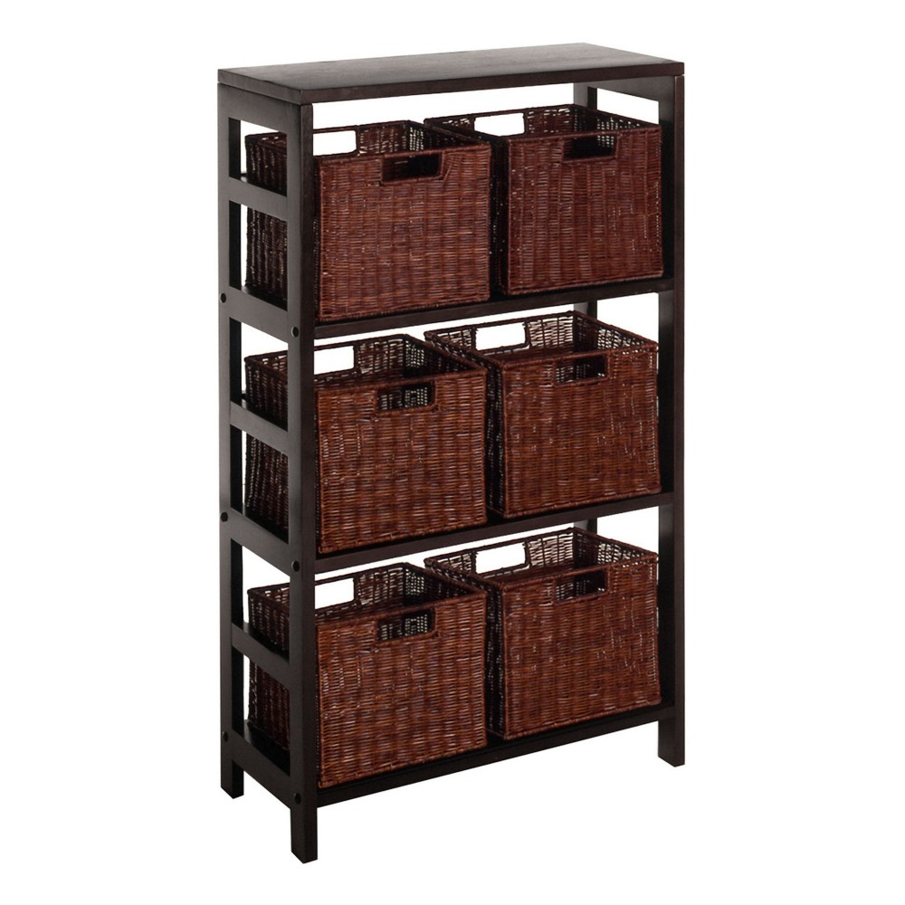 Leo 7-Pc Storage Shelf with 6 Wicker Baskets, Espresso and Walnut