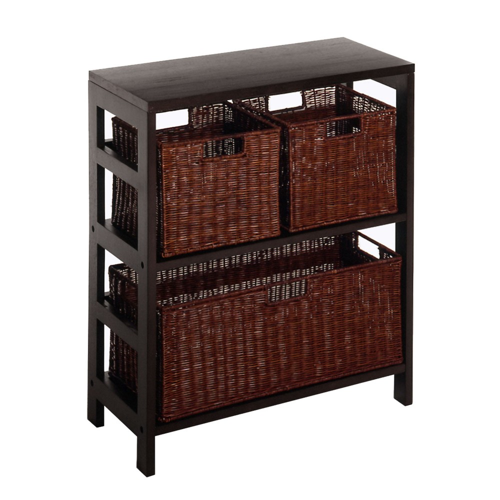 Leo 4-Pc Storage Shelf with 3 Wicker Baskets, Espresso and Walnut
