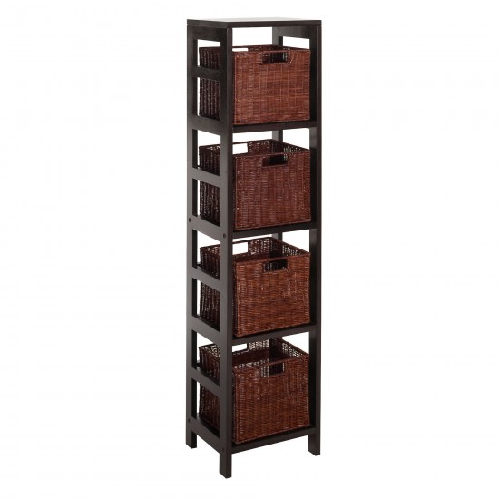 Leo 5-Pc Storage Shelf with 4 Wicker Baskets, Espresso and Walnut