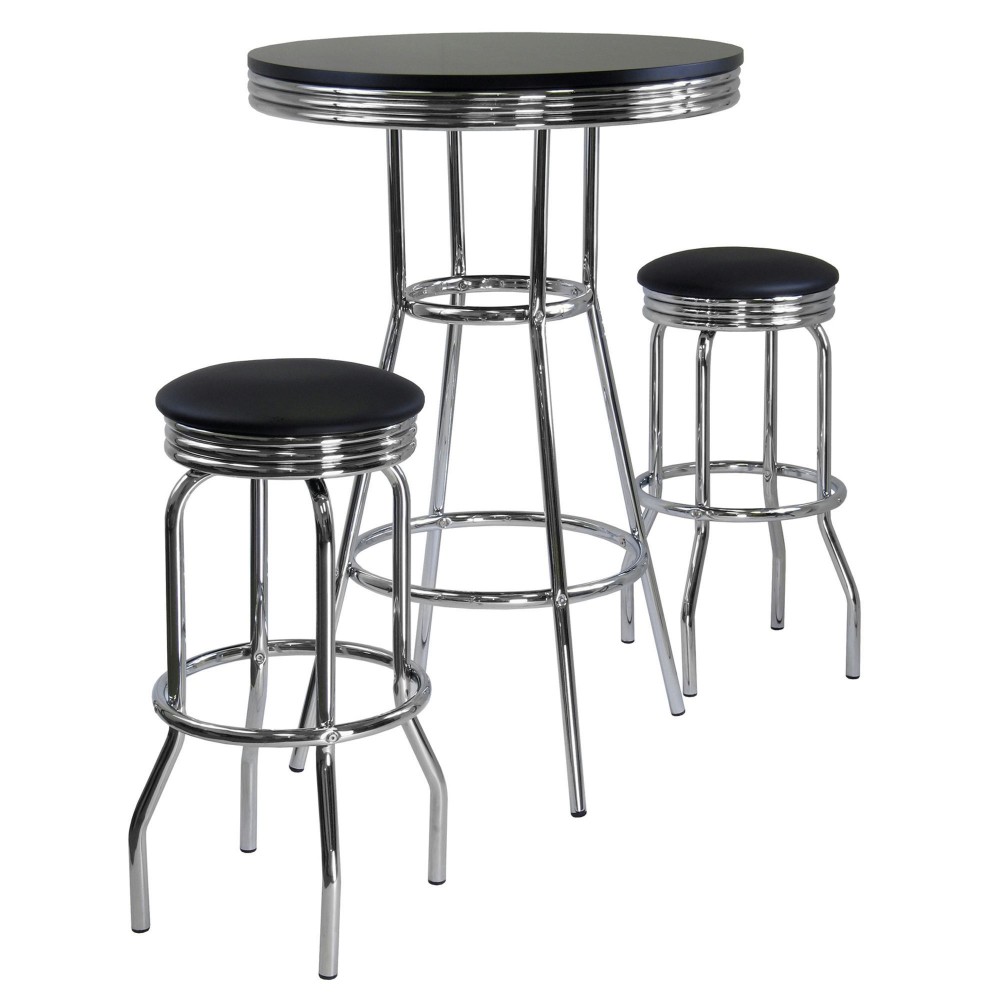 Summit 3-Pc High Table with Swivel Seat Bar Stools, Black and Chrome