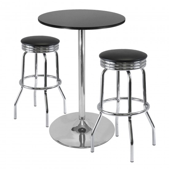 Summit 3-Pc M Pub Table with Swivel Seat Bar Stools, Black and Chrome