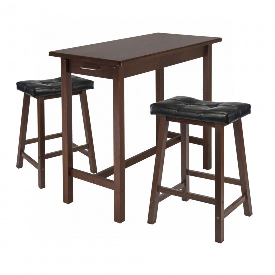 Sally 3-Pc Breakfast Table w/ Cushion Saddle Seat Counter Stools, Walnut & Black