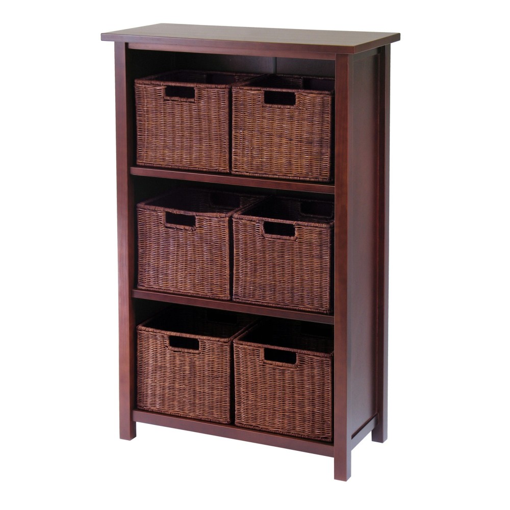Milan 7-Pc Storage Shelf with 6 Wicker Baskets, Walnut