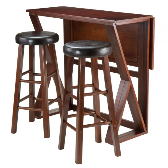 Harrington 3-Pc Drop Leaf Table with Cushion Seat Bar Stools, Walnut & Espresso