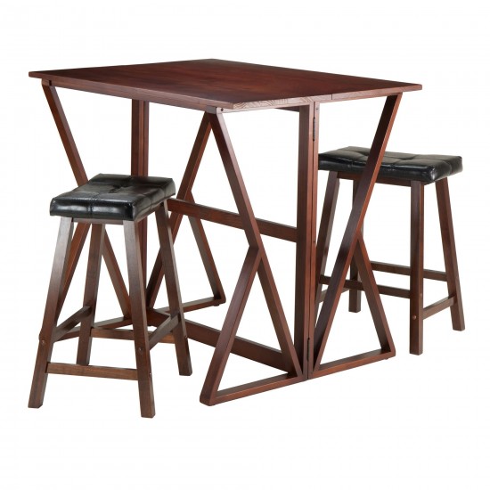 Harrington 3-Pc Drop Leaf Table w/ Cushion Saddle Seat Counter Stools, Natural