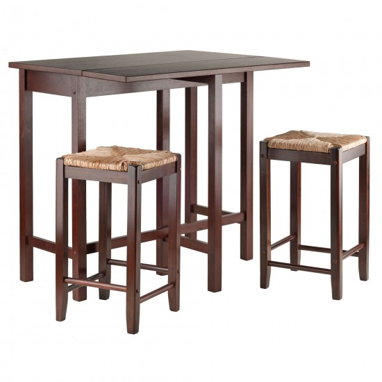 Lynwood 3-Pc Drop Leaf Table with Rush Seat Counter Stools, Walnut