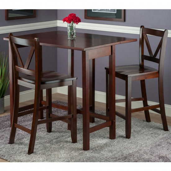 Lynnwood 3-Pc Drop Leaf Table with V-Back Counter Stools, Walnut