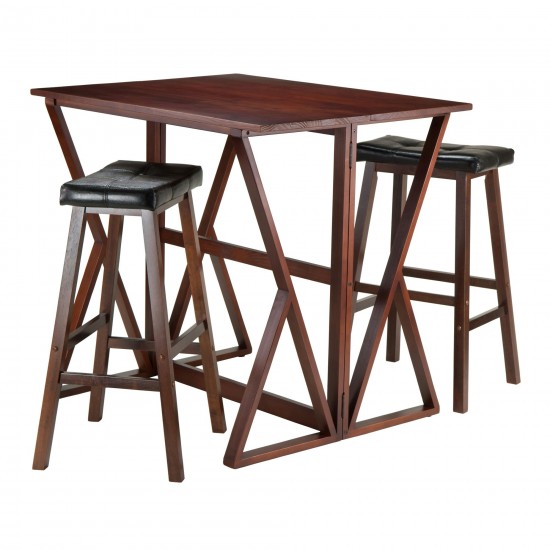 Harrington 3-Pc Drop Leaf High Table w/ Cushion Saddle Seat Bar Stools, Natural