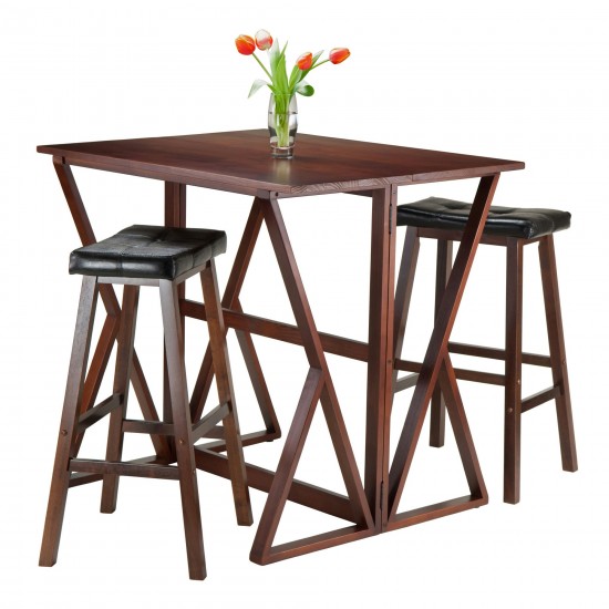 Harrington 3-Pc Drop Leaf High Table w/ Cushion Saddle Seat Bar Stools, Natural