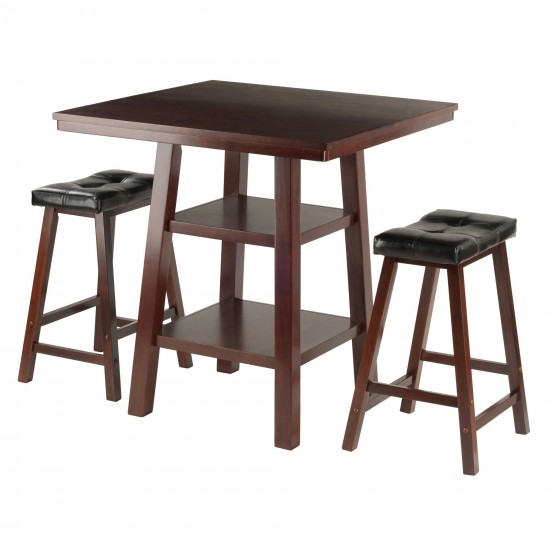 Orl&o 3-Pc High Table with Cushion Saddle Seat Counter Stools, Walnut & Black