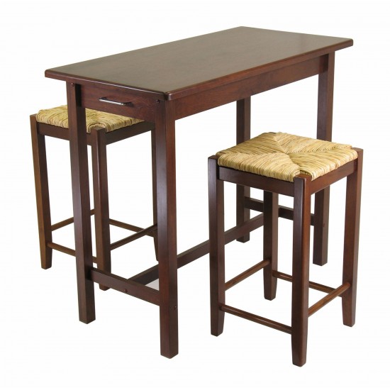 Sally 3-Pc Breakfast Table with Rush Seat Counter Stools, Walnut