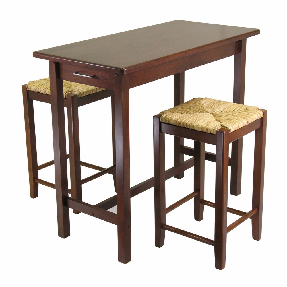 Sally 3-Pc Breakfast Table with Rush Seat Counter Stools, Walnut