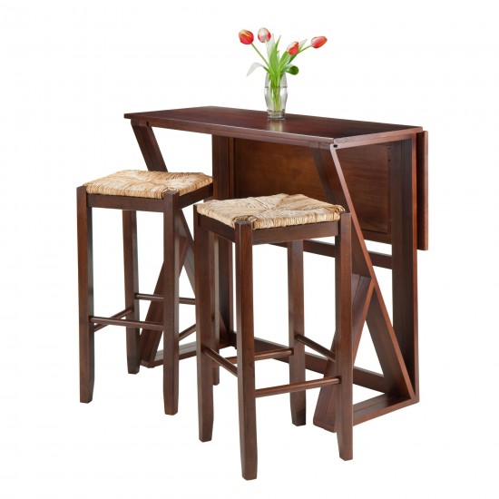 Harrington 3-Pc Drop Leaf High Table with Rush Seat Bar Stools, Walnut