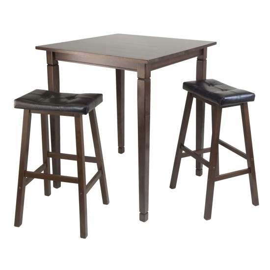 Kingsgate 3-Pc High Table with Cushion Saddle Seat Bar Stools, Walnut and Black