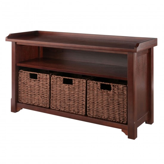 Milan 4-Pc Storage Bench with 3 Foldable Woven Baskets, Walnut